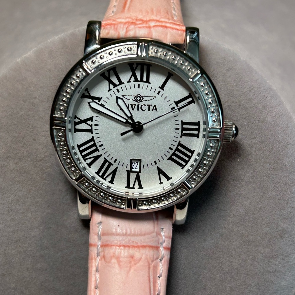 Invicta Wildflower Silver Dial Watch with Pink Leather Strap and Crystal Accents